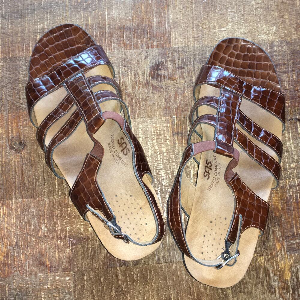 SAS Allegro Heel Strappy Sandal Womens 9 M Cognac Croc Brown Minimalist Staple - Picture 9 of 11